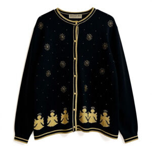VTG Women's Signature Expressions Black Sweater Gold Angels, Buttons & Beads M